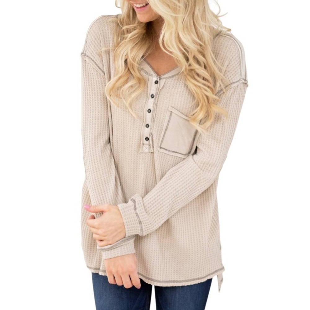 Waffle Knit Beige Cream Elbow Patch Long Sleeve Thermal Top